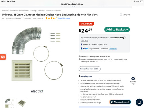 Universal cooker hood 150mm