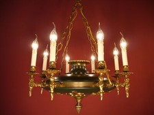 CHANDELIER ANTIQUE FRENCH GOTHIC EMPIRE BRASS DARK GREEN VARNISH 8 LAMP 28"