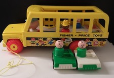 Vintage Fisher Price Little People School Bus Pull Along Toy & Cars With Figures