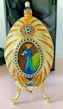 FABERGE INSPIRED EGG ENAMELED  PEACOCK GOLD PLATED CRYSTALS KEREN KOPAL BOXED