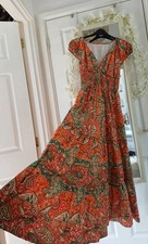 Orange Green Mix Floral Boho Floaty Shirred Waist Dress ?S M 10 12