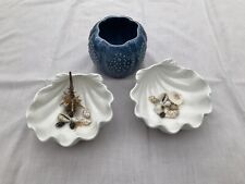 Pair of White Ceramic Clam Shell Soap Dishes and Blue Sea Urchin Holder Bathroom
