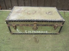 Antique Vintage Whatajoy LEATHER Handles TRUNK Travel Case SUITCASE Canvas