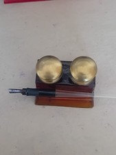 Vintage Amber glass double Inkwell brass lids and pen holder