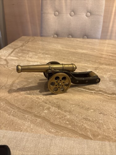 Vintage brass wooden cannon - wooden,