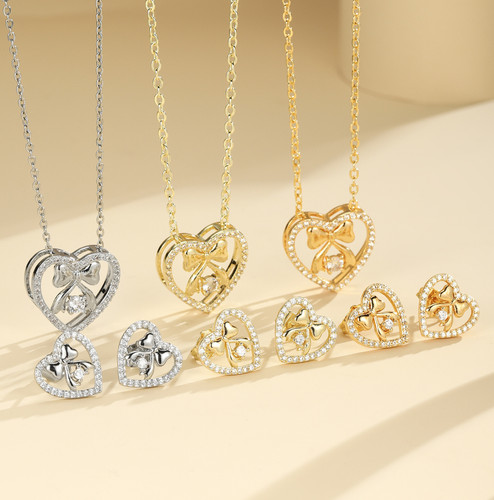 Heart bow rhinestone necklace - rhinestone,