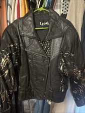 Vintage Ladies Medium Leather Coat 1980s With Gold Design On Arms