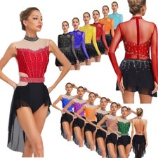 Women Figure Skating Dress Long Sleeve Mesh Sequin Ballet Competition Dancewear