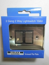 Volex 2 Gang 2 Way Lightswitch 10AX Black Interior Stanless Steel Flat Plate