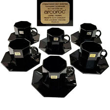 Arcoroc Octime 6 Coffee Cup & Saucer Set Black Octagonal Espresso Retro Glass 12
