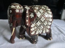 Vintage Heavily Inlaid Wooden African Elephant Statue