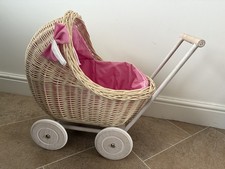 Rattan Wicker Dolls Pram White With Wooden Wheels and Pink liner VGC