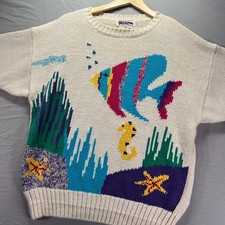Vintage Grandma Sweaters Large Womens Aquatic Fish Print Pullover Knit Ocean 90s
