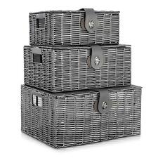 Set of 3 Resin Wicker Woven Storage Baskets Hamper Box With Lid & Lock