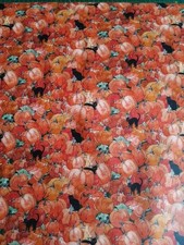 Clothworks Quilting Cotton Fabric Toil And Trouble Black Cats On Pumpkins Orange