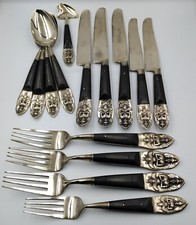 Vintage Siam Thailand cutlery set brass and wood Buddha motif handles 14 pieces