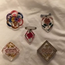 5 Reverse Carved Floral Brooches  - Vintage