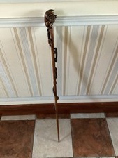 Antique Unusual One Off Hard Wood Walking Stick Of Hand Carved Animals