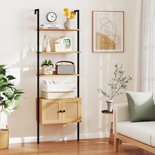 5-Tier Ladder Bookshelf with Rattan Cabinet 184cm Tall Wall Mount