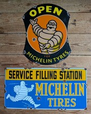 2 x MICHELIN MAN ENAMEL ADVERTISING SIGNS Plaque Metal Car Garage Display Decor