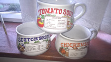 3 Vintage Retro Recipe Ceramic Soup Mug Bowls With Handle.