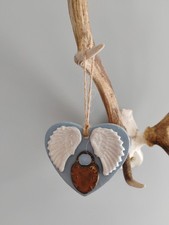 Handmade Christmas Decoration Pottery Angel Wings & Padlock Baby Blue White Gold