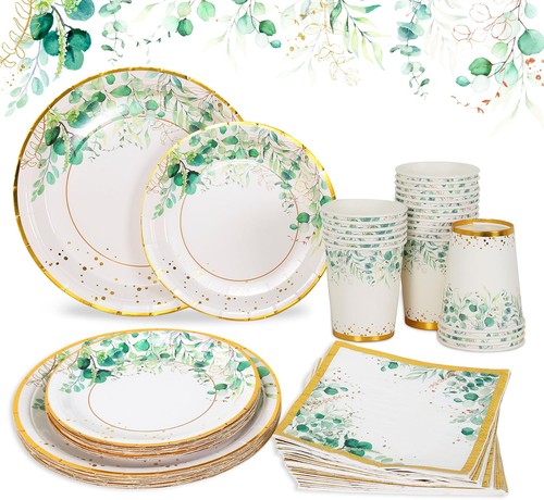 Green paper plates set - green, for