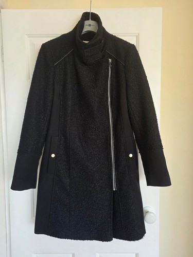 Black boucle funnel neck zip