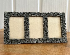Vintage M&S Silver Pewter Tone Three Photo Picture Frame Rose Detail - 5.5” x 3”