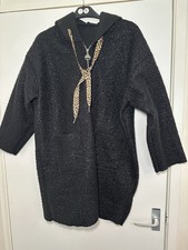 Ladies Black Coat Boucle Fabric. SZ 18 Zip, Pockets, Hood Nice Leopard Tie WRDR