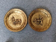 2 x Brass Tavern Scene Embossed Decorative Vintage Wall Plate 10 inch  Plaque