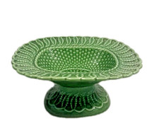 Vintage comport Green Majolica Style Pedestal Dish Pottery, Portugal.
