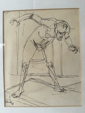 Vintage Framed Original Signed Male Nude Pen Sketch Drawing By Stewart Ganley 