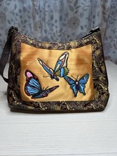 Bueno Fabric Shoulder Handbag Butterfly Appliqué Vinyl Brown Gold 