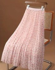 Womens  Floral Print Pleated Midi Skirt Lightweight Polyester - Machine Washable