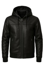 Men's Black Real Leather Hoodie Genuine Sheepskin Leather Bomber Hooded Jacket