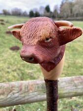 Highland Cow Head Hand Carved in Lime wood Country Walking stick on Hazel Shank