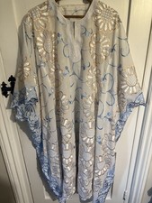 Oversized Embroidered Floral Khaftan Mumu Cover-Up Dress White Blue Vintage L 