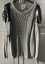 The Ragged Priest Grey Cable Cotton Jumper with Stud & Leather Detail M/L