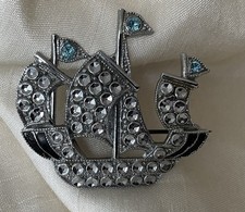 Vintage Brooch, Charles Horner Staybrite, Ship Galleon, Faux Marcasite