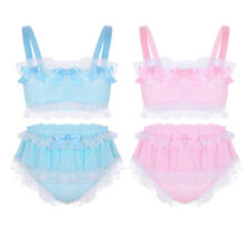 Mens Sissy Lingerie Set Frilly Satin Ruffled Lace Bra Crossdress Skirted Panties