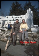 Man and woman at Ski lodge resort 1940's red border Kodachrome 35mm slide
