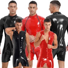 US Mens Wet Look Leather Front Zipper Leotard Bodysuit Catsuit Jumpsuit Clubwear