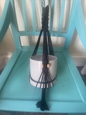 Black Cotton Beaded Macrame Hanging Plant Holder & Grey Ceramic Pot With Tray 