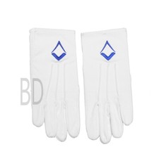 Masonic Regalia White Cotton Gloves with Royal Blue Square & Compass