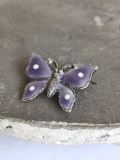 Antique Edwardian Silver Enamel Butterfly Brooch, Purple & White, c.1900–1920