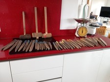 JOB LOT OF 39 VINTAGE HANDMADE WOODEN MARQUEE TENT PEGS & 3 WOODEN MALLETS.ARMY.