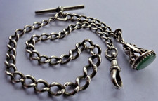 Antique solid sterling silver pocket fob watch albert chain, bloodstone fob seal