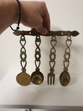 Set Of 9 Vintage Brass Welsh love Spoons, Skimmer & Fork With Hanging Rack