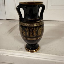 Handmade Greek Black Vase 24K Gold Trim Ancient Mythology Design Two Handles